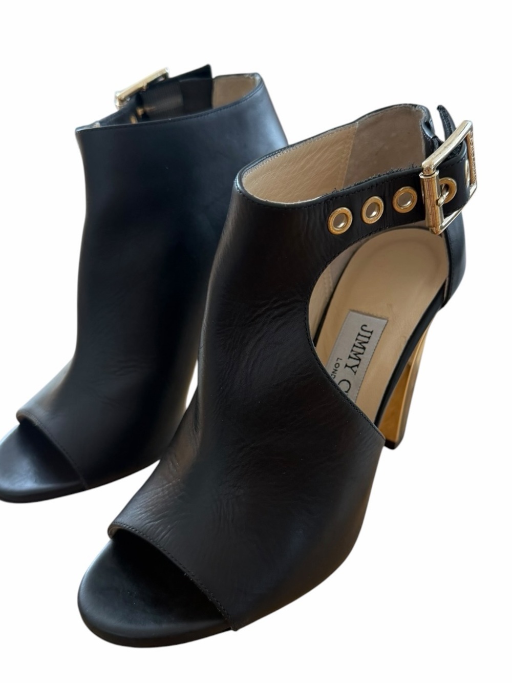 Jimmy Choo Black Leather Gold Accent Open Toe Ankle Booties Heels Size 35 / US 5 - Picture 8 of 11
